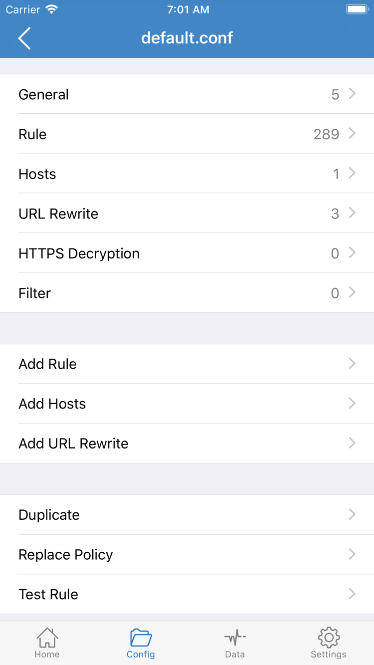 Shadowrocketの設定ファイル編集画面。General、Rule、Hosts、URL Rewrite、HTTPS Decryptionの各セクションとAdd Ruleの入口を表示