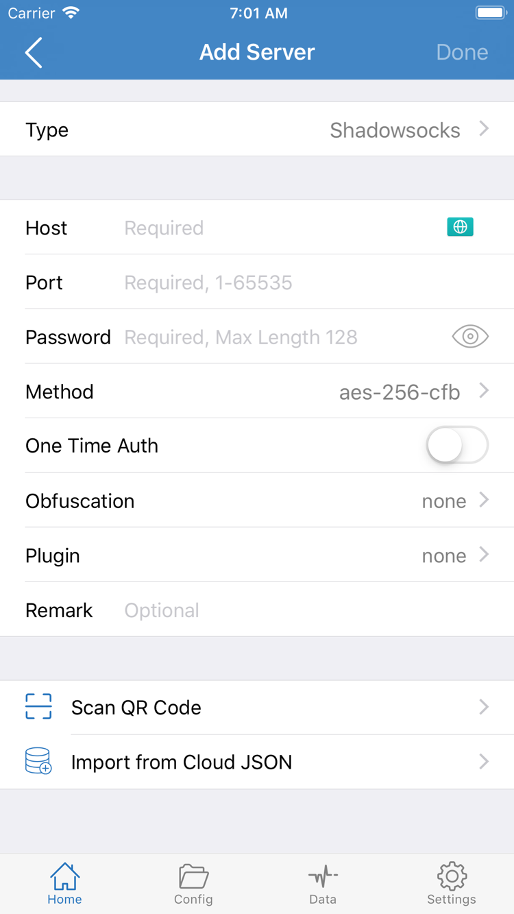Shadowrocketのサーバー追加画面。Type、Host、Port、Password、Methodの各項目と、QRコードのスキャンおよびCloud JSONの読み込み入口を表示