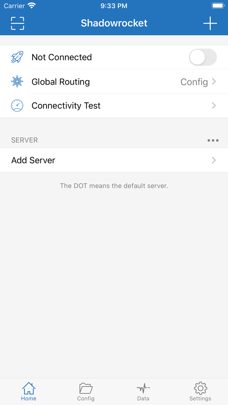ShadowrocketのHome画面。上部にNot Connectedの接続スイッチがあり、その下にGlobal Routing、Connectivity Test、SERVERグループ、Add Serverを表示