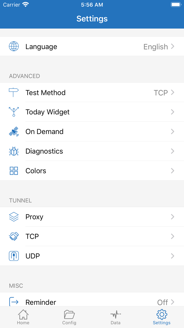 ShadowrocketのSettings画面。Language、Test Method、Today Widget、On Demand、Diagnostics、Proxy、TCP、UDPの各項目を表示